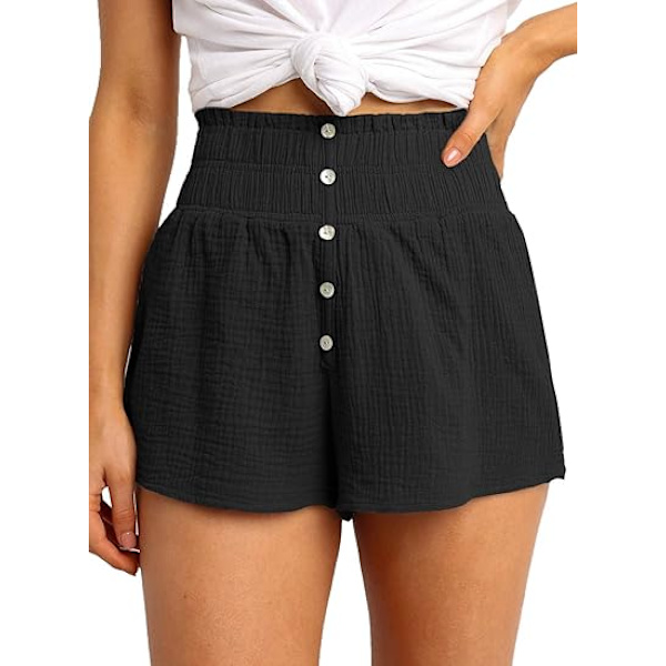 Womens Casual Summer Smocked Elastic Waist Comfy Button Detail Beach Shorts