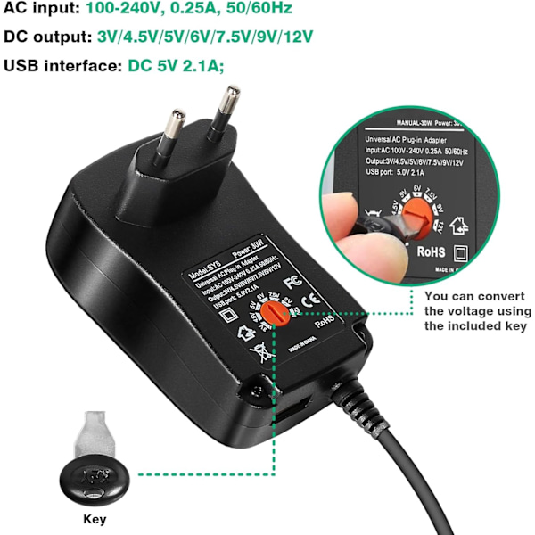 Universal Strömadapter, 30W Justerbar Universal Strömadapter AC till DC 12V 9V 7.5V 6V 5V 4.5V 3V Multi-Spännings Strömadapter, för Hushålls Elektro