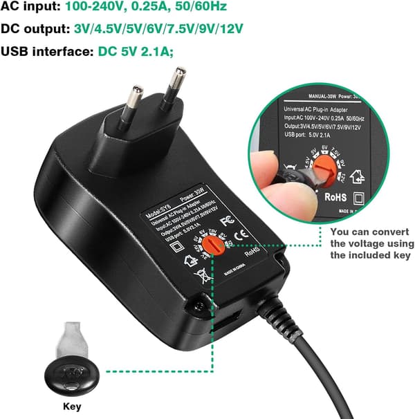 Universell Strömadapter, 30W Justerbar Universell Strömadapter AC till DC 12V 9V 7.5V 6V 5V 4.5V 3V Multispänningsadapter, kompatibel Hushåll