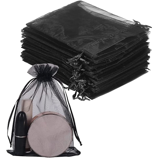 100 st svarta 9x12cm bröllopsfavörpåsar med dragsko för smink, godis, babyshower