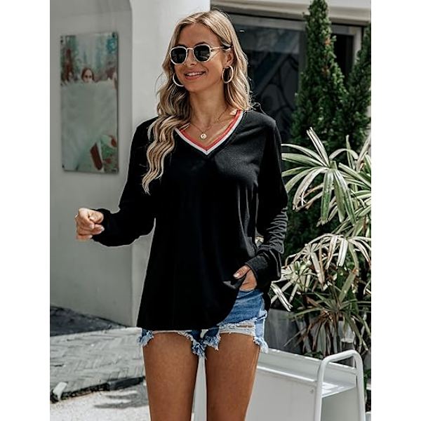 Womens Casual Long Sleeve T Shirts Striped V Neck Solid Basic Pullover Tuni