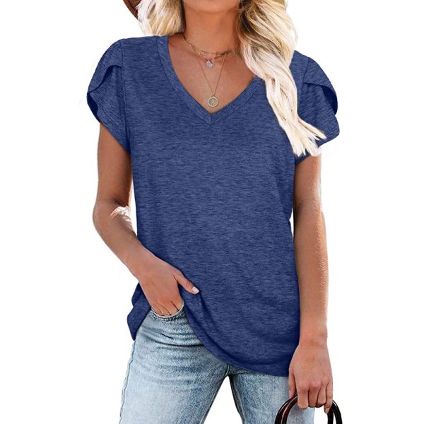 Dam sommar volanger kortärmad V-ringad T-shirt Casual Loose Fit Blusar P