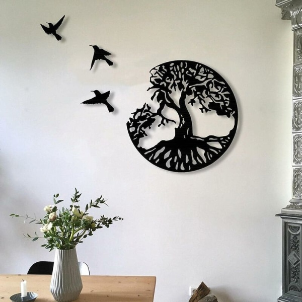 Metal Wall Art Tree Of Life With Birds Deco Black - 28CM/11.02in Tree Of Li