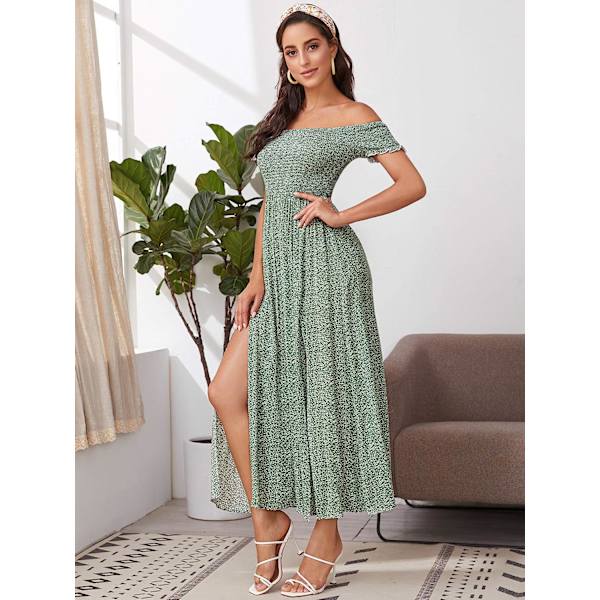 Kvinde Bohemian Blomster Print Off Shoulder Slidset Lang A-Linje Kjole，XL