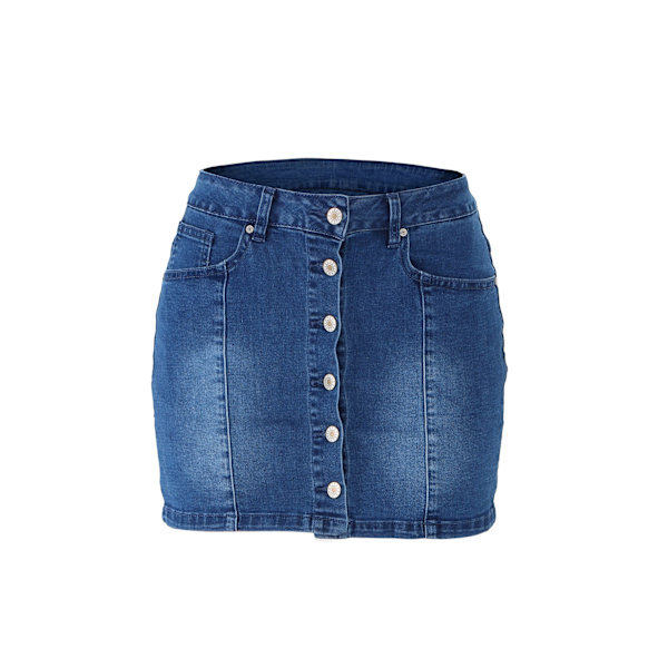 Kvinners knapp foran denim kort skjørt med sidelomme XXL BLÅ