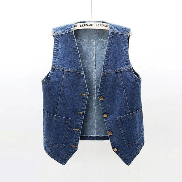 Kvinners ermeløs denim vest V-hals knapp ned jean vest jakke.