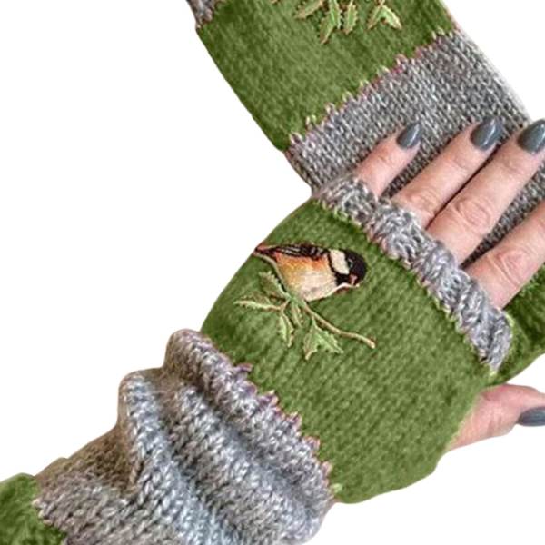 Kvinnor Höst Vinter Fågel Broderade Handskar Stickade Fingerlösa Färgblock Mit