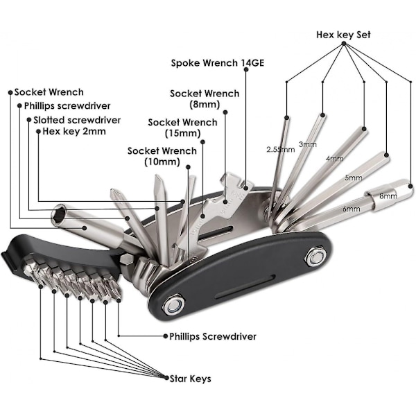Sykkelreparasjonssett, Sykkelverktøysett, 16 i 1 Multifunksjonelt Sykkelreparasjonssett, Sykkeldekkreparasjonssett For Sykkel, Terrengsykkel