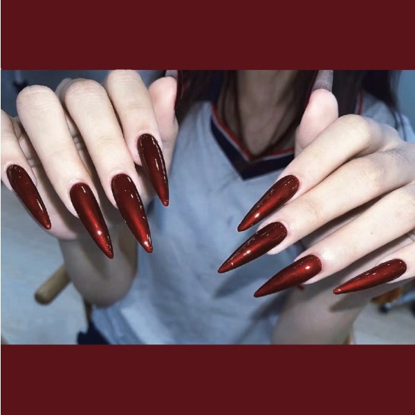 Mandelpress på naglar Långa röda falska naglar Lim på naglar Goth akrylnaglar