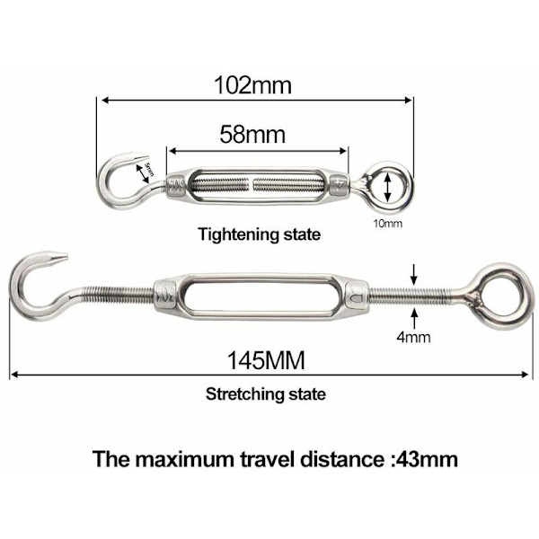 6 stk. Wire Tensioner M4 Rustfritt Stål Justerbar Turnbuckle Hook And Eye