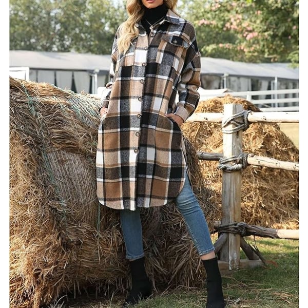 Kvinders Casual Lapel Knap Ned Langærmet Flannel Ternet Shacket Lang Shi