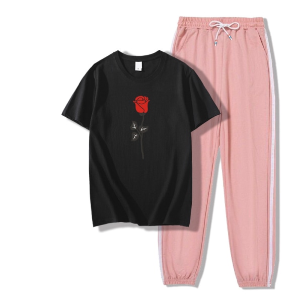 Kvinders Sommer Fast Fashion Rundhals Rose Print Suit, GUL, XL