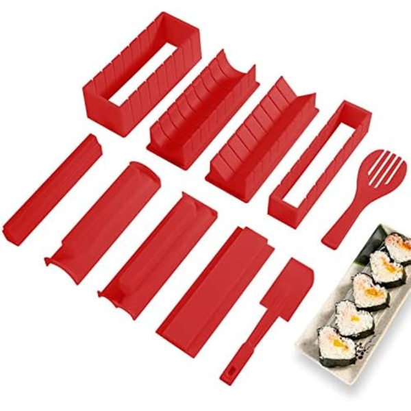 Sushi Making Kit Deluxe Edition med komplett Sushi Set 10 delar plast Sushi Maker Verktyg Komplett med 8 Sushi Ris Rulle Formar Gaffel Spatel DIY Hem Sushi Verktyg (Röd)