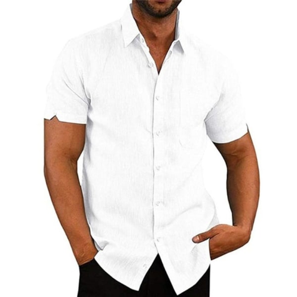 Herre afslappet linned Button Down skjorte Kortærmet strandskjorte XL