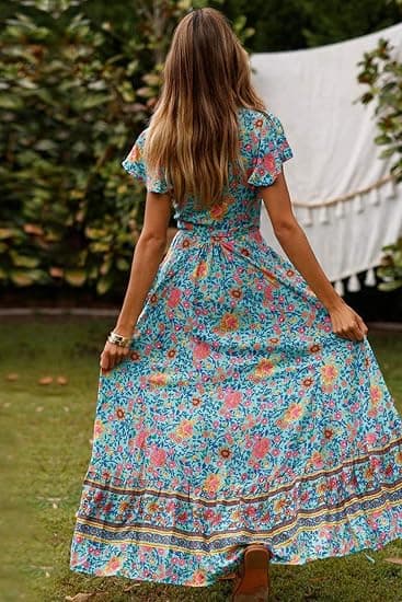Kvinders Boho Sommer Side Slit Dyb V-hals Kortærmet Lang Nederdel Bælte，L