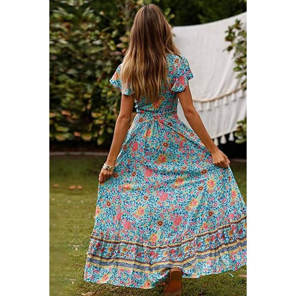Kvinnors Boho Sommar Sid Slit Djup V-hals Korta Ärmar Lång Kjol Bälte, L