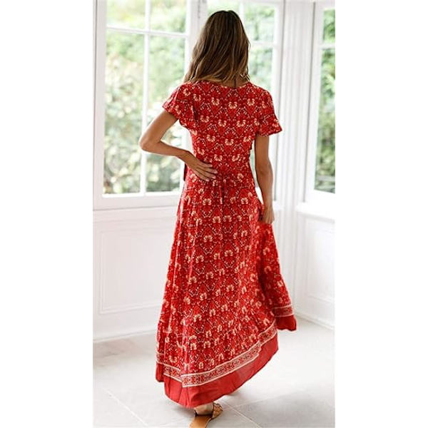 Kvinnors Boho Sommar Sid Slit Djup V-hals Korta Ärmar Lång Kjol Bälte，XL