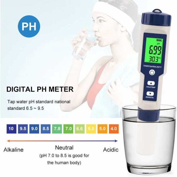Elektronisk PH-mätare, 5 i 1 PH-testare Ficktermometer Vattenkvalitet