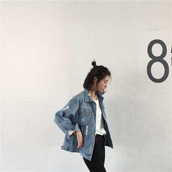 Oversize Denimjacka för kvinnor Ripped Jean Jacket Boyfriend Långärmad Co