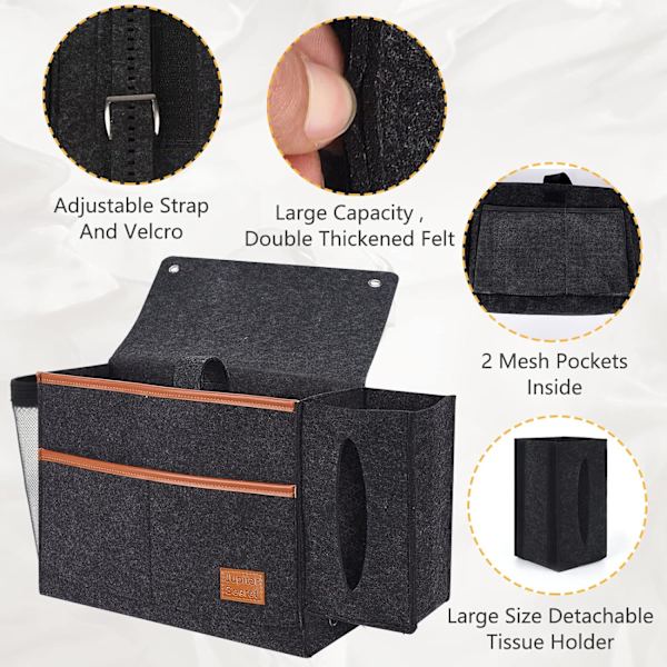 Sengside Caddy med Tissue Box & Flaskeholder til Fjernbetjening/Telefon/Ipad