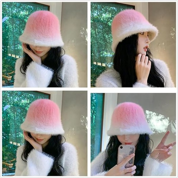 Kvinder Piger Gradient Faux Fur Bucket Hat Stilfuld nyhed Fluffy Winter Warm