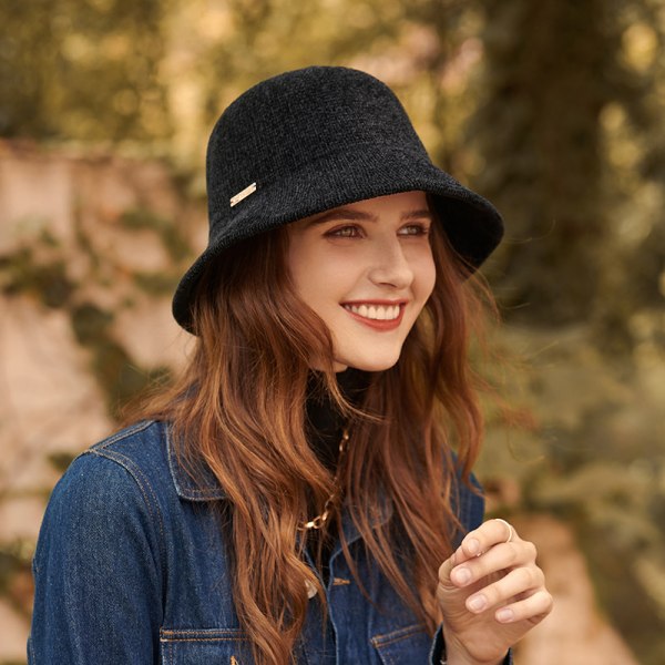 Kvinners varme ull Cloche hatt Solid vinter bøttehatter, svart
