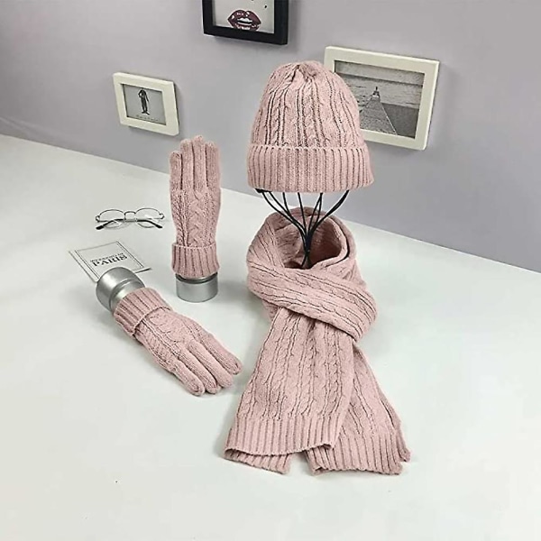 3-delat set: Loop-scarf, stickad mössa, handskar