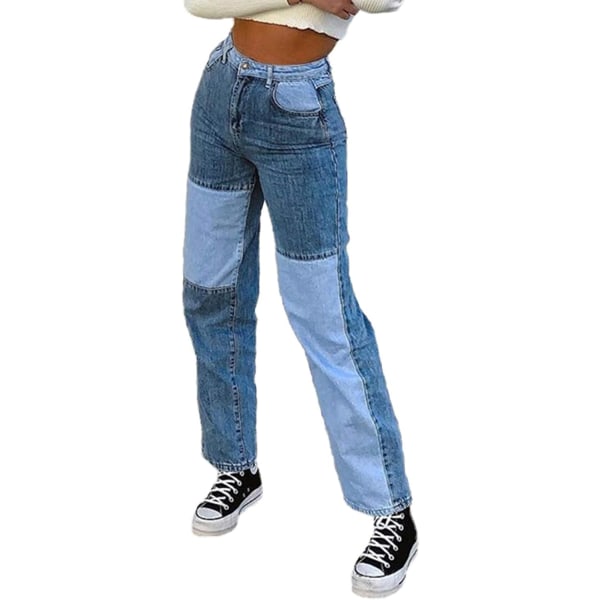 Dampatchwork-jeans med hög midja rak stretchjeans Flickmode Col