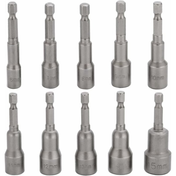 Hex Socket Set 6-15mm, 10 Pcs Magnetic Hex Nut Drill Bit Set, 1/4 Inch Vana