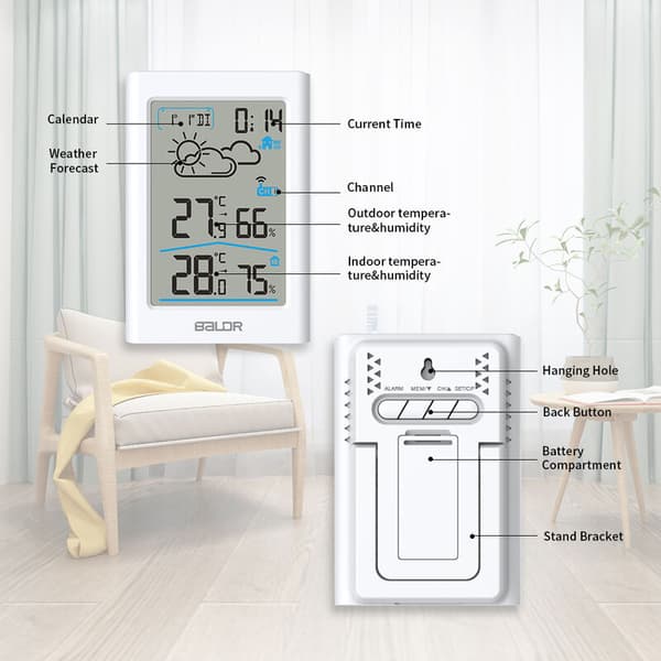 Trådløs værstasjon med utendørssensor, digitalt termometer, innendørs og utendørs hygrometer, omgivelsestermometer, hydrometer