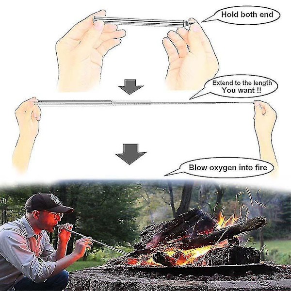 Sammenklappelig bålredskab i rustfrit stål, blæserør til bål, lommebælg, sammenklappeligt rør til picnic, camping, vandreture, udendørs, bygger bålredskaber