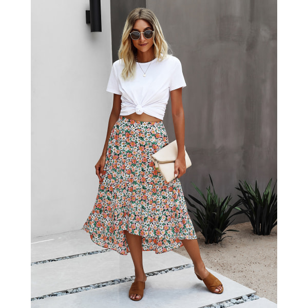 Kvinnors hög midja blommig midi boho elastisk hög midja kjol slits A-linje fl