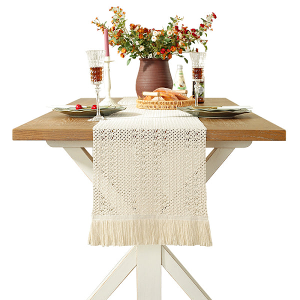 Bohemisk bordslöpare, beige, macramé, rektangulär, virkad spets, nät, lantlig stil, 35 x 160 cm