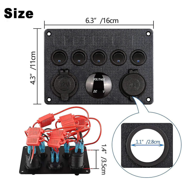 12v / 24v Kontrollpanel, 5 Grupper Av Vippebryterpaneler, Med 5v 4.2a Dobbel Usb-Lader, Vanntett Led-Voltmeter
