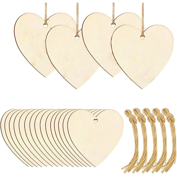 50 Stykker Trehjerter med Hull, Hengende Trehjerter Bryllupsdekorasjon Trehjerter med Jutesnor, Egnet for Bryllup, Jul, Bursdag