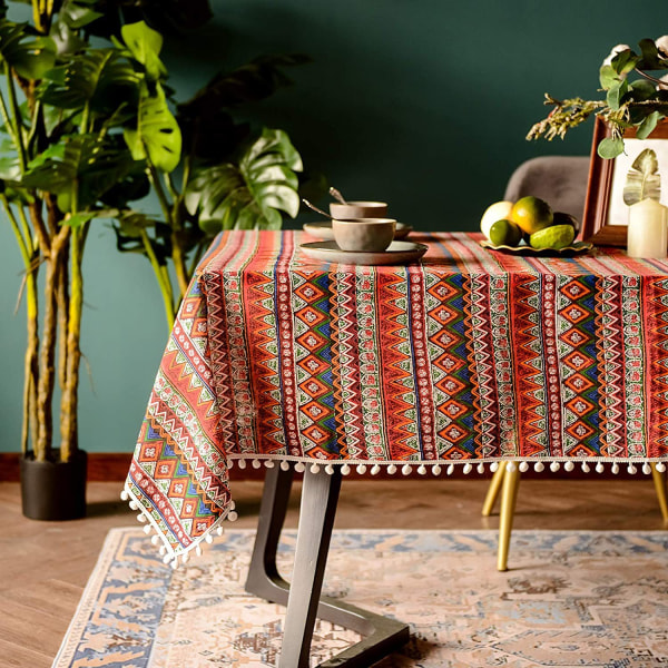 Pompom-tofs duk för bohemiska rektangulära bord, skrynkelfri linne bohemisk stil design bordsduk för matsal, bordsdekoration (röd, 140*300cm)
