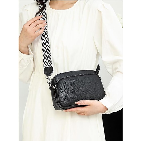 Äkta läder dam crossbody väska elegant handväska med 3 fack, justerbar och avtagbar rem
