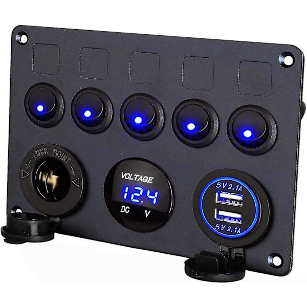 12v / 24v Kontrolpanel, 5 Grupper Af Vippekontaktpaneler, Med 5v 4.2a Dobbelt Usb-Oplader, Vandtæt Led-Voltmeter