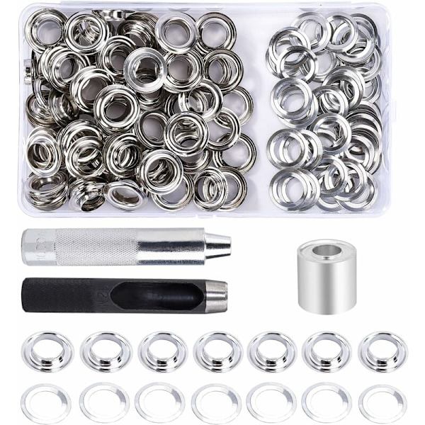 Grommetsett med 14 mm hull, 100 sett med hull og 3 stk hullverktøy og oppbevaringsboks for DIY-stoffpresenninghåndverk
