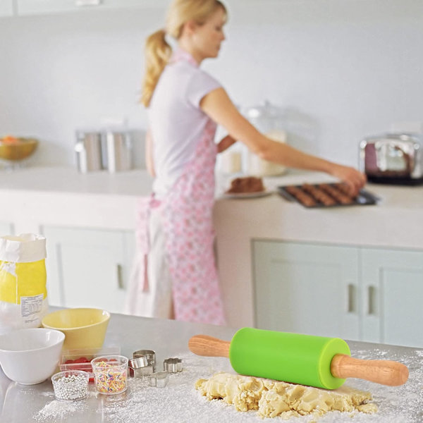 Mini Silikonkjevle for barn, Non-stick overflate trehåndtak, 9 tommer 2 pakk