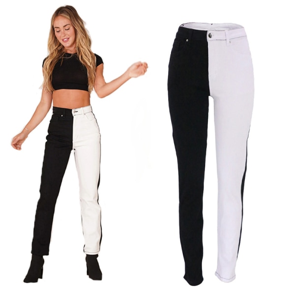 Kvinnors Colorblock High Waist Jeans Tvåfärgade Rakben Denim P