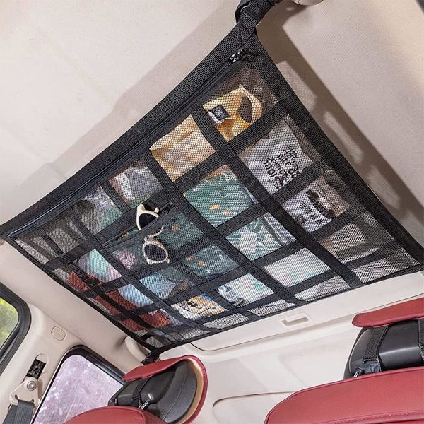 Takförvaringsnät, 80 x 55 cm Bilbagagenät, Multifunktionellt Dubbelskiktsnät, med Justerbar Dragkedja och Blixtlås, för SUV, Van