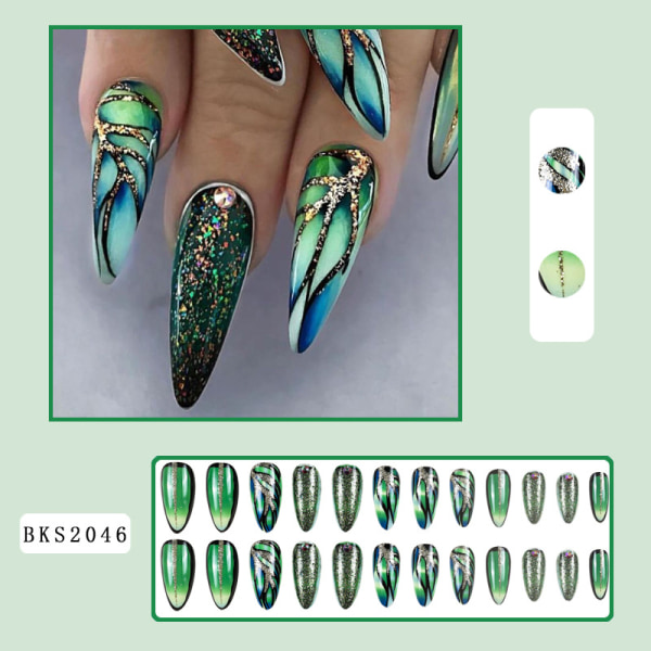 Blank kista Fake Nails Grön Lång tryck på naglar Metallisk spegeleffekt F
