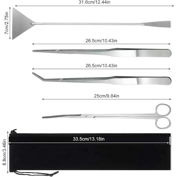 4 i 1 Akvarie Aquascaping Kit, Rustfrit Stål Akvarie Værktøj, Akvarie Saks Spatel Tang Med Sort Opbevaringspose Akvarie Tilbehør Aquascapin