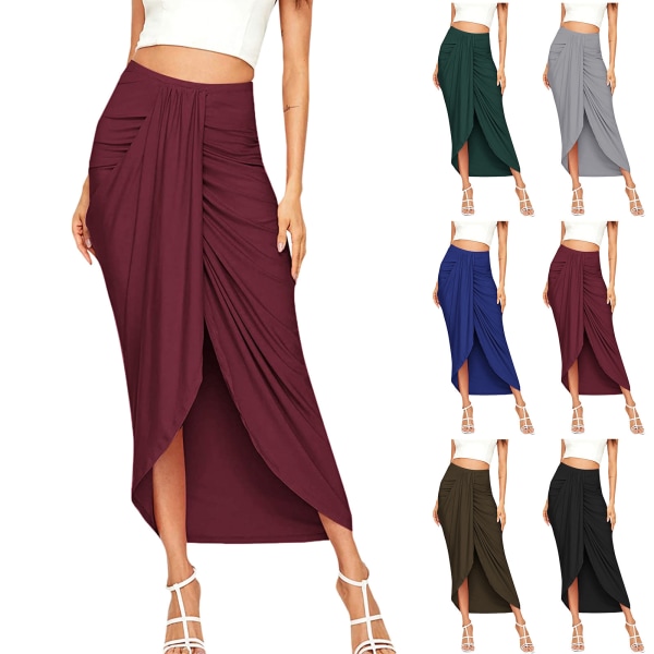 Kvinnors casual slitskuren asymmetrisk elastisk hög midja lång draperad kjol XL