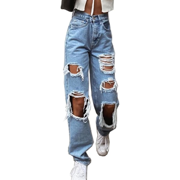 Kvinnors högmidjade lösa slitna jeans, pojkvänsmode stora denimlösa