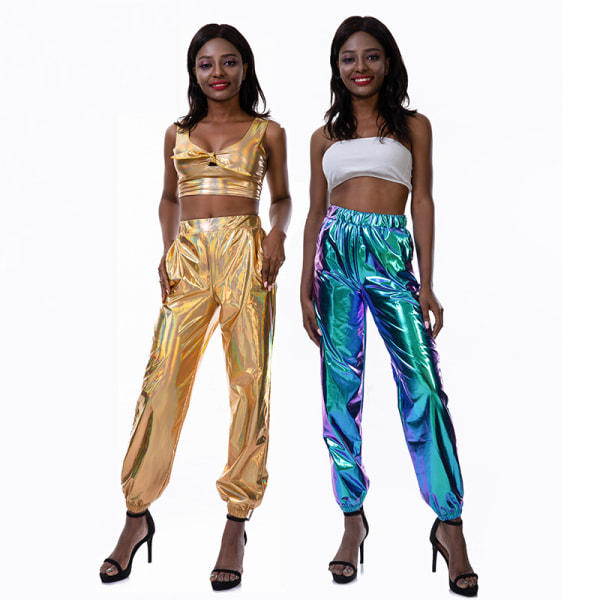 Skinnende metallisk høy midje stretchy joggerbukser for kvinner, Hip Hop Cl