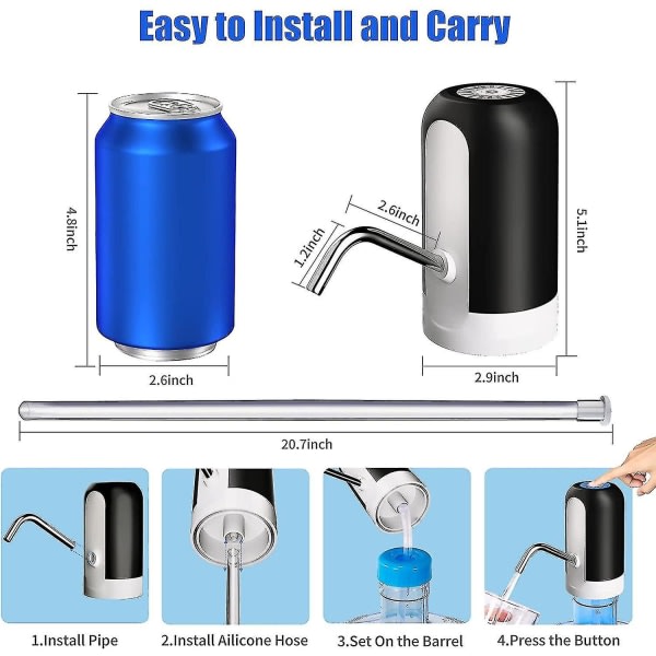 Vannflaskepumpe 5 gallon vanndispenser, bærbar elektrisk vannpumpe, USB-lading, automatisk drikkevannpumpe for camping