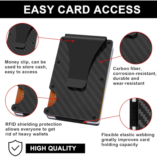 Kolfiberplånbok med metallklämma och RFID-blockering kompatibel för män
