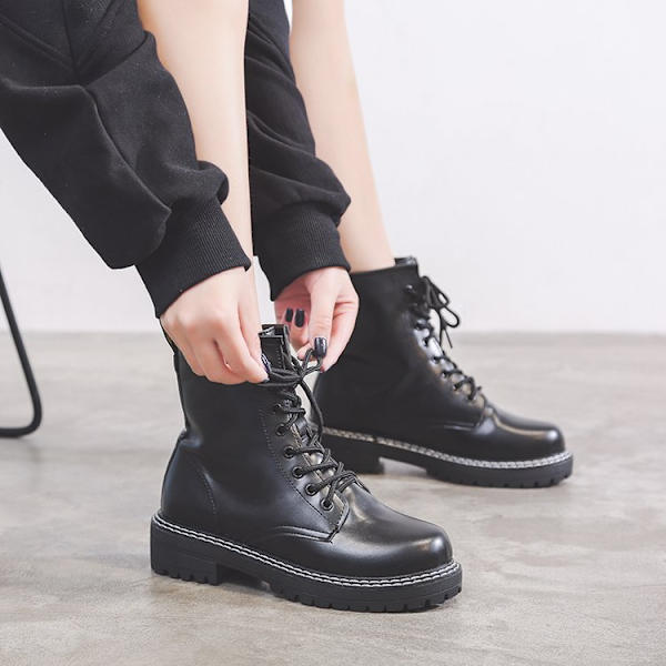Kvinners Fashion Ankelstøvletter Side Glidelås Snøring Combat Boots Svart
